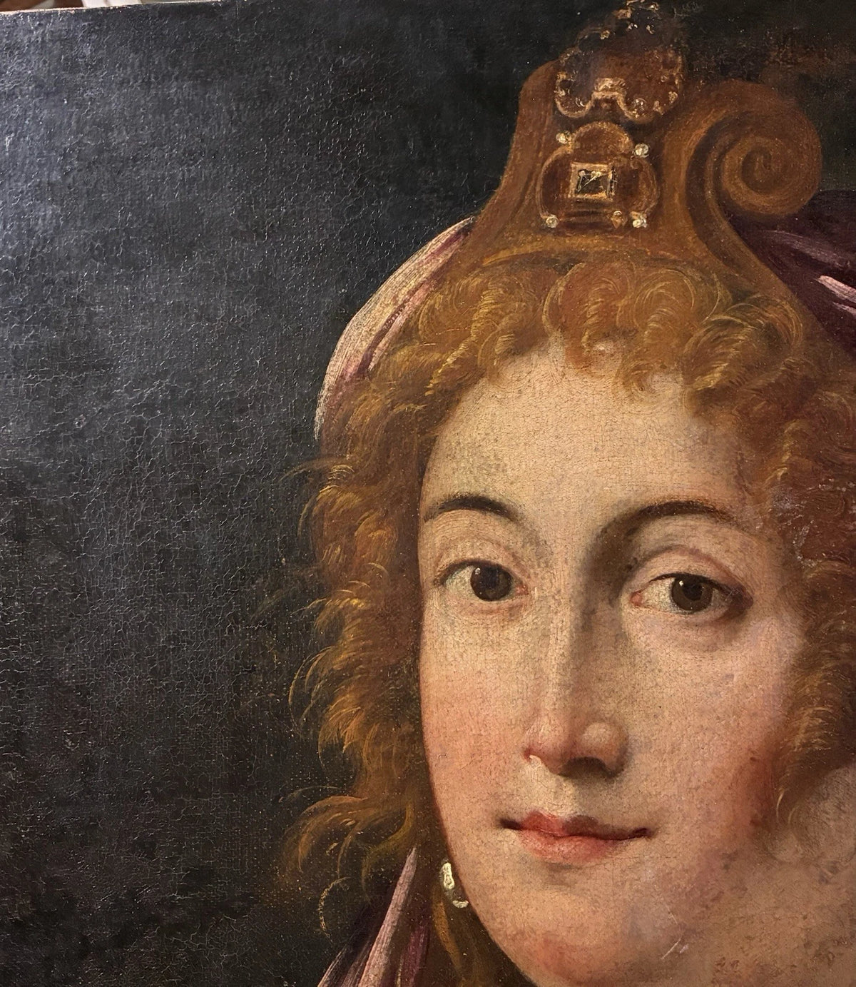 Tableau Ancien Huile Portrait Femme Reine Bijoux Renaissance Fontainebleau XVIe