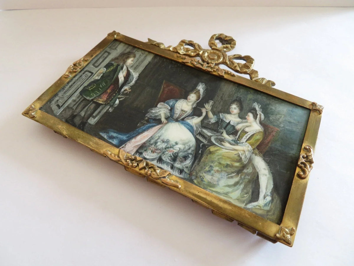Belle MINIATURE XIXe, dans le gout du XVIIIe. Scène d'intérieur. CADRE en BRONZE