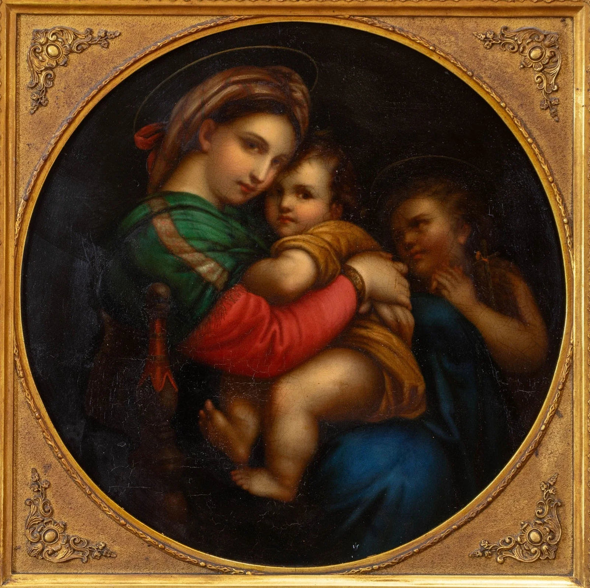 XIXème Huile Tondo sur cuivre d'après le vieux maître italien Raphaël  Cadre doré ancien