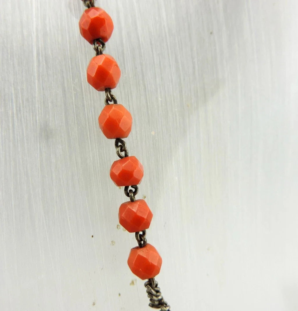 Ancien gros Chapelet en perles de corail facettées et argent massif poids 36 G