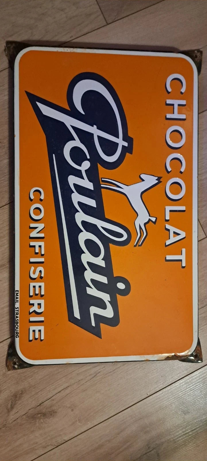 Plaque émaillée publicitaire ancienne chocolat poulain