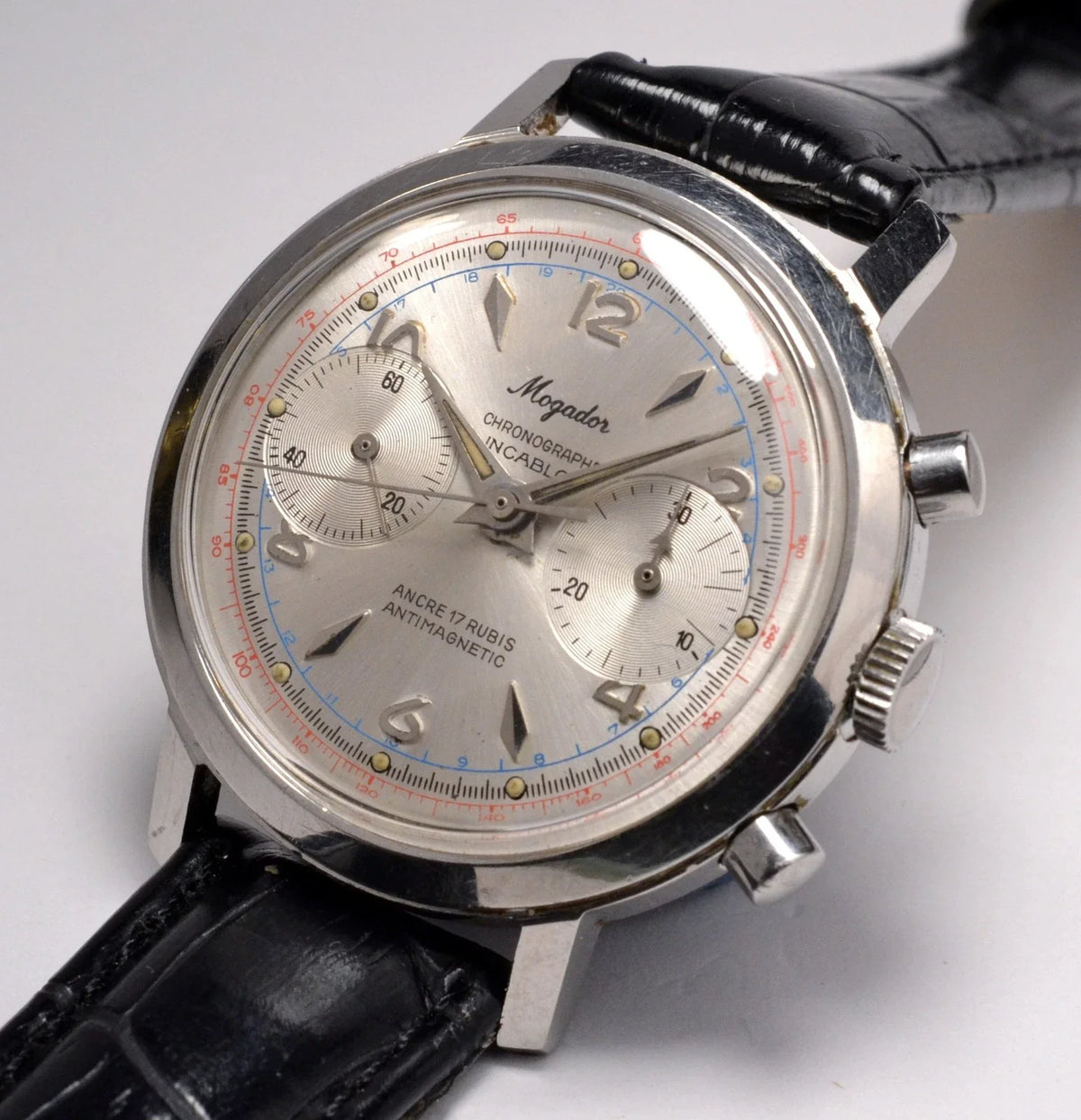 MONTRE CHRONOGRAPHE SUISSE MOGADOR ACIER LANDERON 1960 VINTAGE WATCH